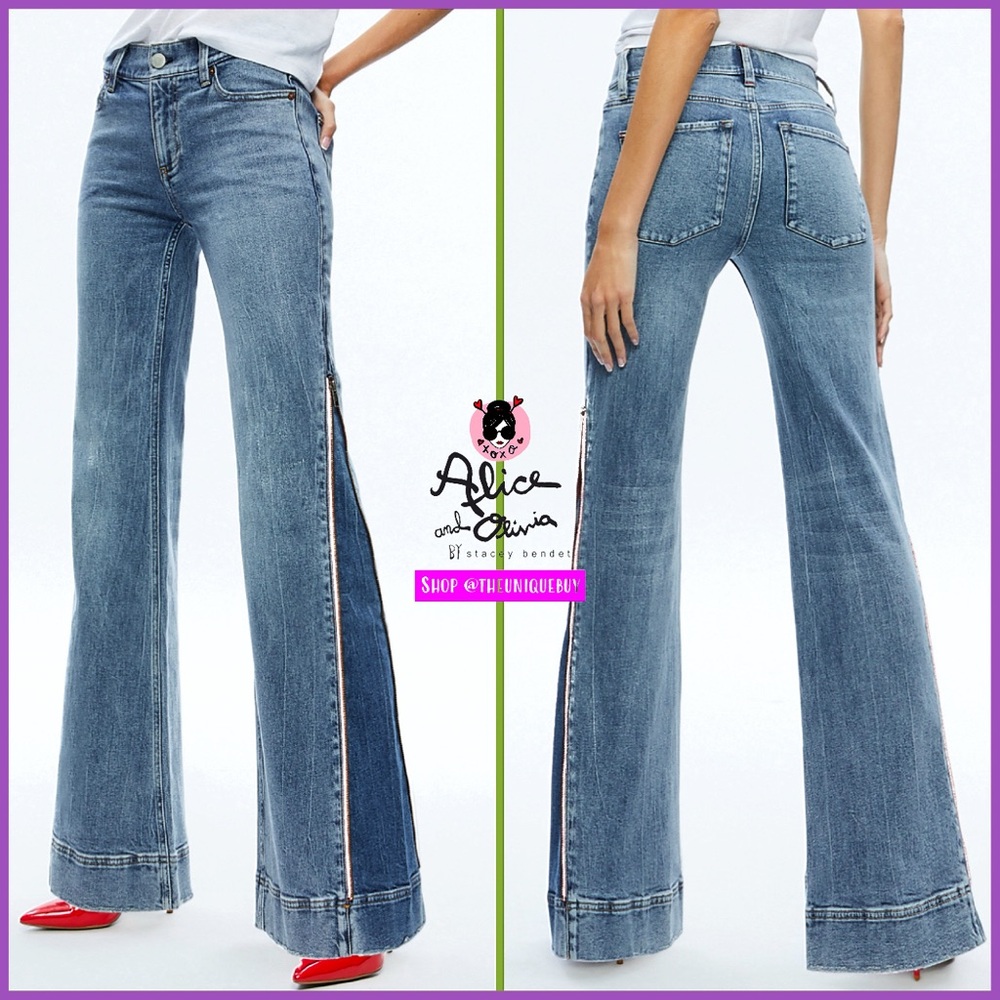 Alice + Olivia Rey Side Zipper Blue Off White Wide Leg Jeans